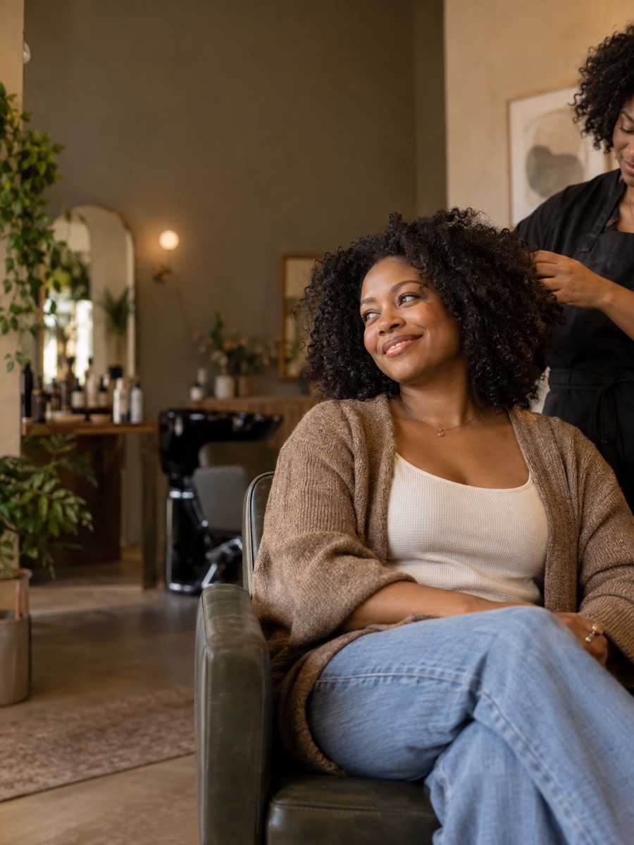 A customer enjoying a relaxed visit to a sunlit salon
